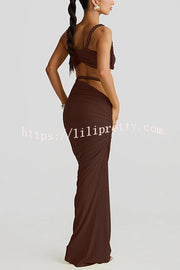 Sexy Halter Back Braided Suspender Top and Beach Holiday Style Hip-wrapped Maxi Skirt Set