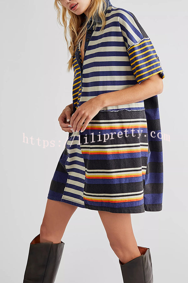 Contrast Striped Patchwork Denim Lapel Loose Casual Mini Dress