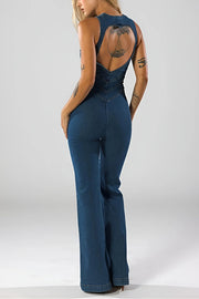 Fashionable Heart Hollow Back Slim High Waist Flared Denim Jumpsuit