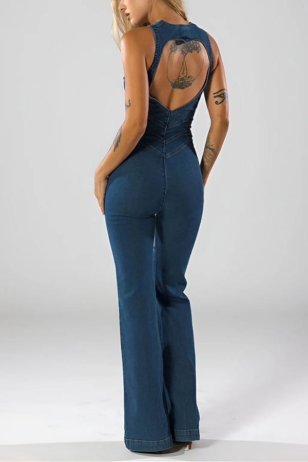 Fashionable Heart Hollow Back Slim High Waist Flared Denim Jumpsuit