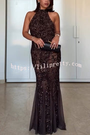 Twilight Gleam Sequin Textured Tulle Hem Halter Backless Maxi Dress