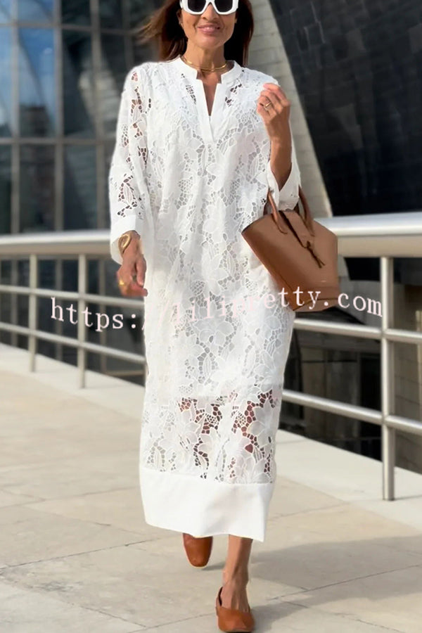 Confidence and Adventure Flower Lace V-neck Bell Sleeve Loose Midi Dress