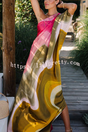 Lilipretty® Summertime Favorites Satin Tie Dye Print One Shoulder Drape Vacation Maxi Dress