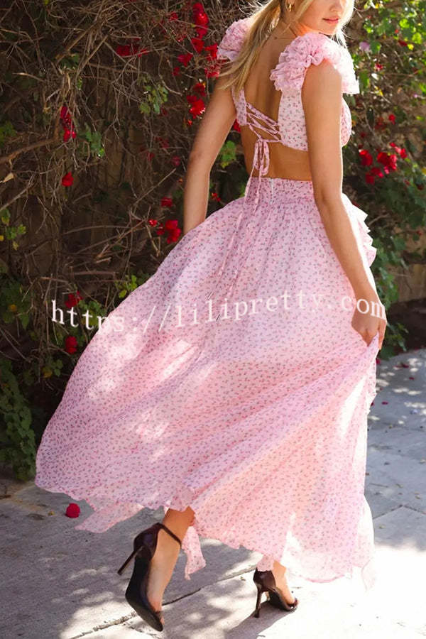 Wedding Dreams Chiffon Printed Flutter Sleeve Cutout Back Lace-up Maxi Dress