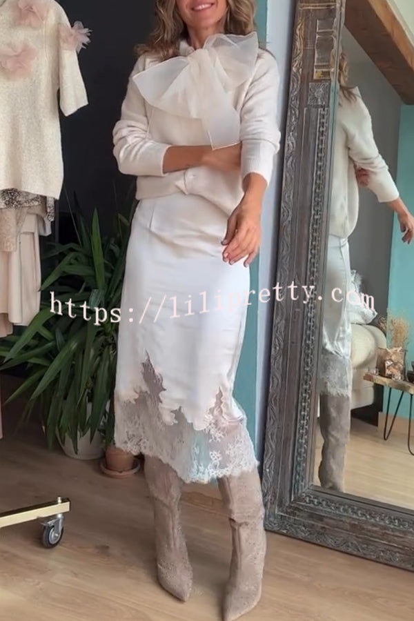 Lola Satin Lace Trim High Rise Side Zipper Loose Midi Skirt