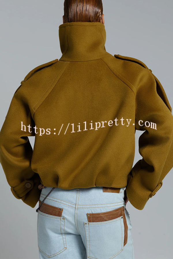 Ellie Epaulettes Stand Neck Double-Breasted Pocket Cropped Loose Woolen Coat