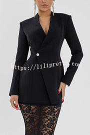 Poetic Muse Stand V-neck Rhinestone Button Up Long Sleeve Blazer