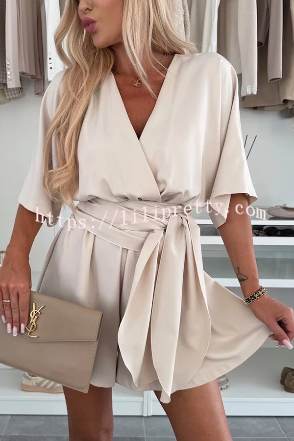 Stylish Comfortable V-neck Wide Sleeve Tie-up Loose Romper