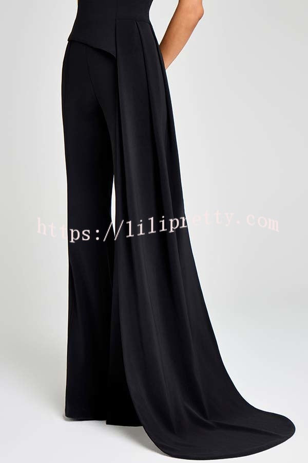 Pippa High Neck Short Sleeve Irregular Drape Hem Top and Elastic Waist Flare Pants Set