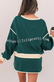 Fashion Round Neck Long Sleeve Spliced Casual Top and Elastic Waist Loose Shorts Set