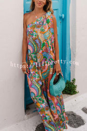 Rainbow Breeze Satin Unique Print Bow One Shoulder Loose Maxi Dress