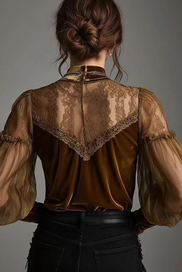 Fashionable Velvet and Mesh Patchwork Casual Long-sleeved Top