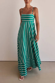 Stripe Print Sling Backless Pleated Maxi Dress