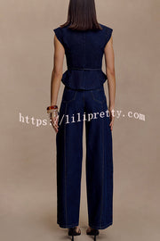 Charley Denim Button Up Cap Short Sleeve Structured Tie-up Lapel Top