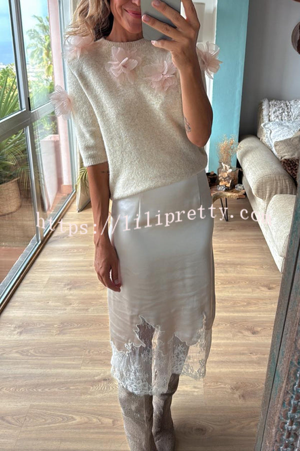 Alboran Knit Organza Flowers Detail Short Sleeve Loose Sweater