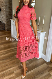 Elegant Crocheted Cutout Lace Short-sleeved Stand-collar Midi Dress