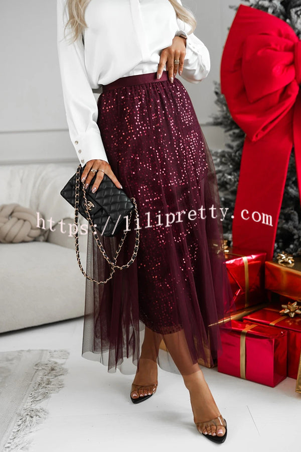 Party Daydream Sequin Tulle High Rise Elastic Waist Maxi Skirt