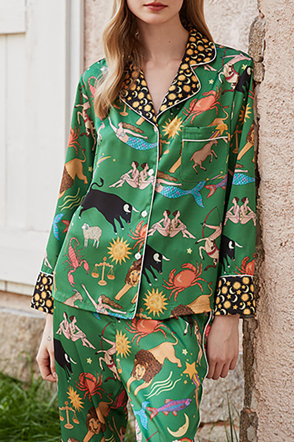 Lilipretty Green Constellation Printed Home Long Sleeved Two-piece Set