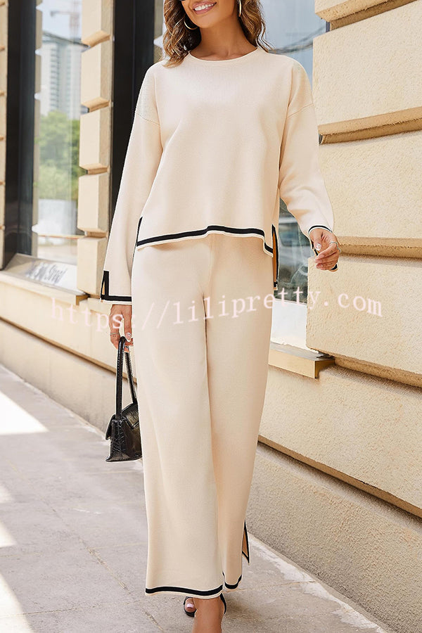 Lilipretty Tanming Long Sleeved Knitted and Wide Leg Pants Two Piece Set
