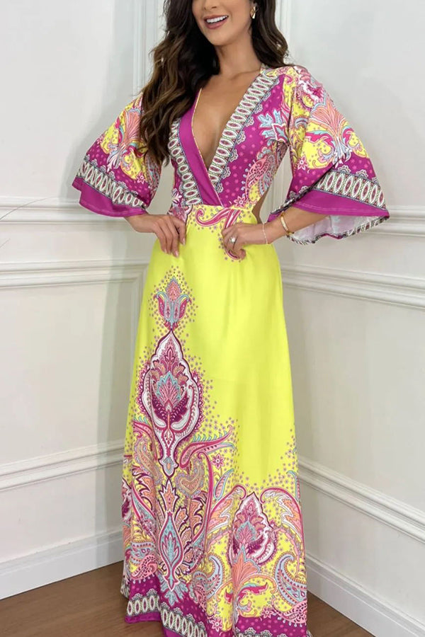 Lilipretty® Stand Out and Shine Palace Style Print Bell Sleeve Backless Vacation Maxi Dress
