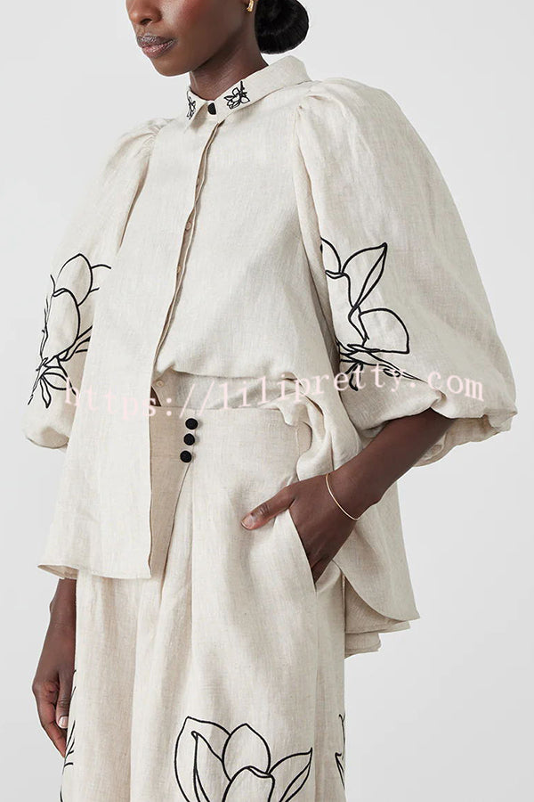 Lola Linen Blend Floral Print Balloon Sleeve Trapeze-style Loose Shirt