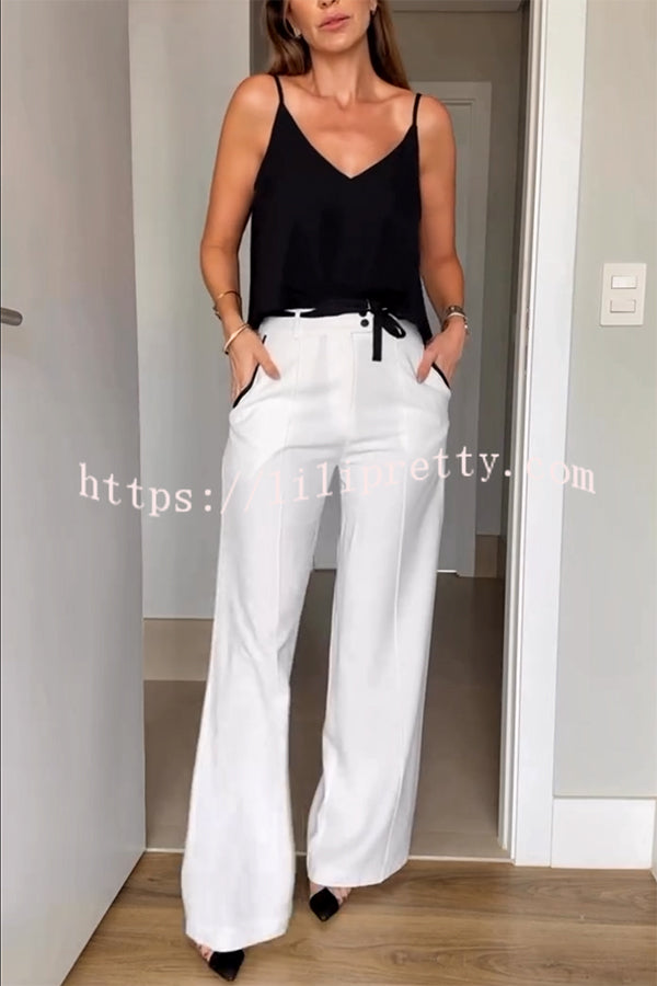 Full of Chic Colorblock Trim Lace-up Waist Pocketed Wide Leg Pants