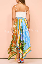 Lilipretty® Summer Destination Satin Unique Print Elastic Waist Irregular Hem Maxi Skirt