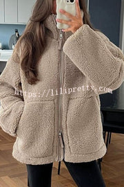 Solid Color Stitching High Collar Long Sleeve Loose Pocket Woolen Coat