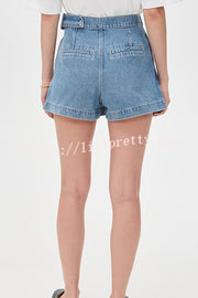 Fall for That Denim Faux Wrap Buckle Tie Pocketed Mini Shorts
