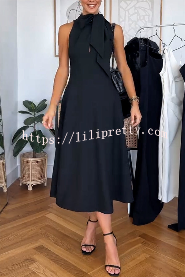 Stylish and Classic Unique Bow Tie Accent Pocketed Flare Midi Dress