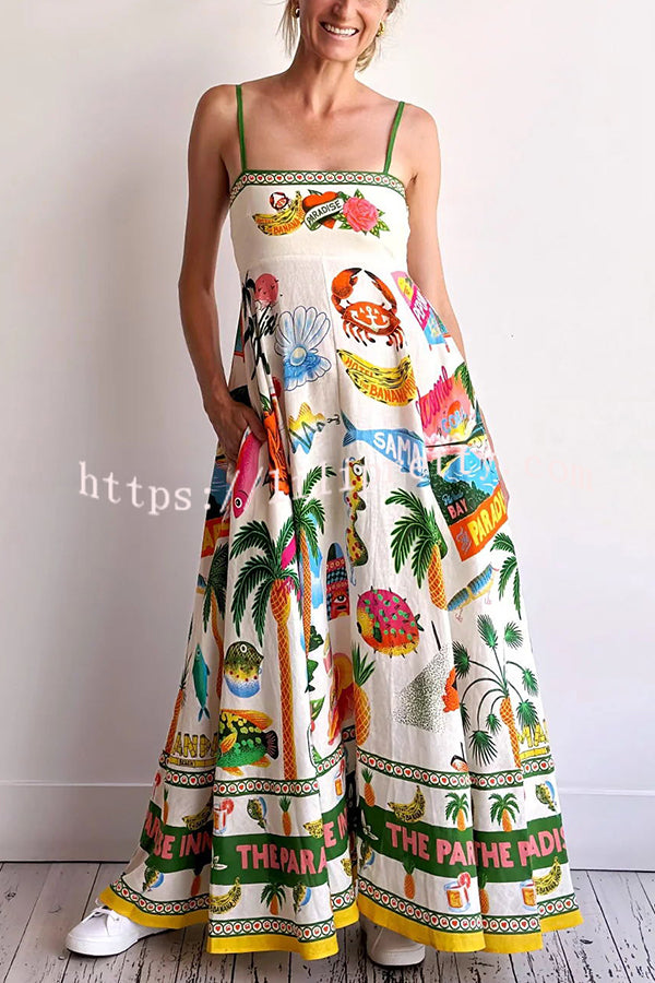 Lilipretty Holiday Paradise Linen Blend Unique Print Smocked Back Pocket Maxi Dress