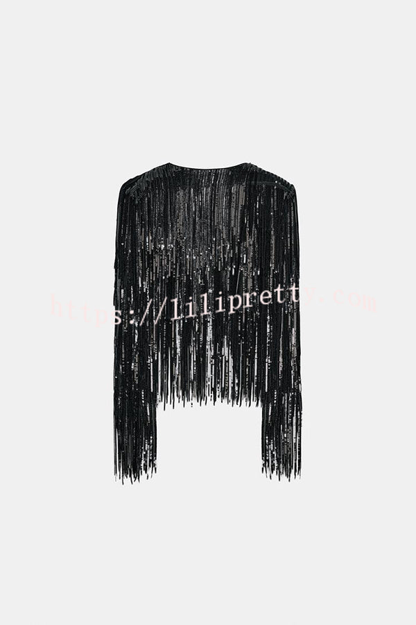 Party Crasher Layered Sequined Tassels Long Sleeve Loose Jacket