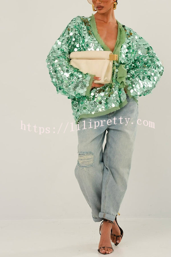 Fashion Sequined Long-sleeved V-neck Loose Lace-up Cardigan