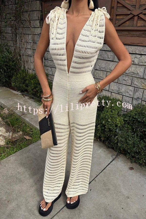 Solid Color Knitted V-neck Holiday Hollow Casual Jumpsuit