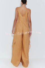 Zola Center Front Zipper Pocketed Wide Leg Loose Cargo Slip Jumpsuit