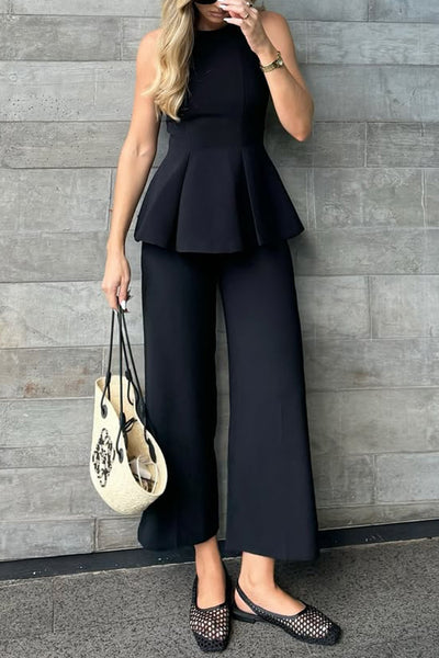 Solid Color Round Neck Sleeveless Casual Top and Loose Straight Pants Set