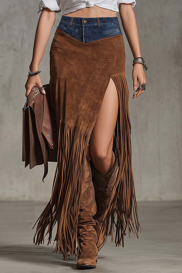Fashionable Denim Suede Patchwork Spliced slit Fringed Hem Extra-long Midi Skirt