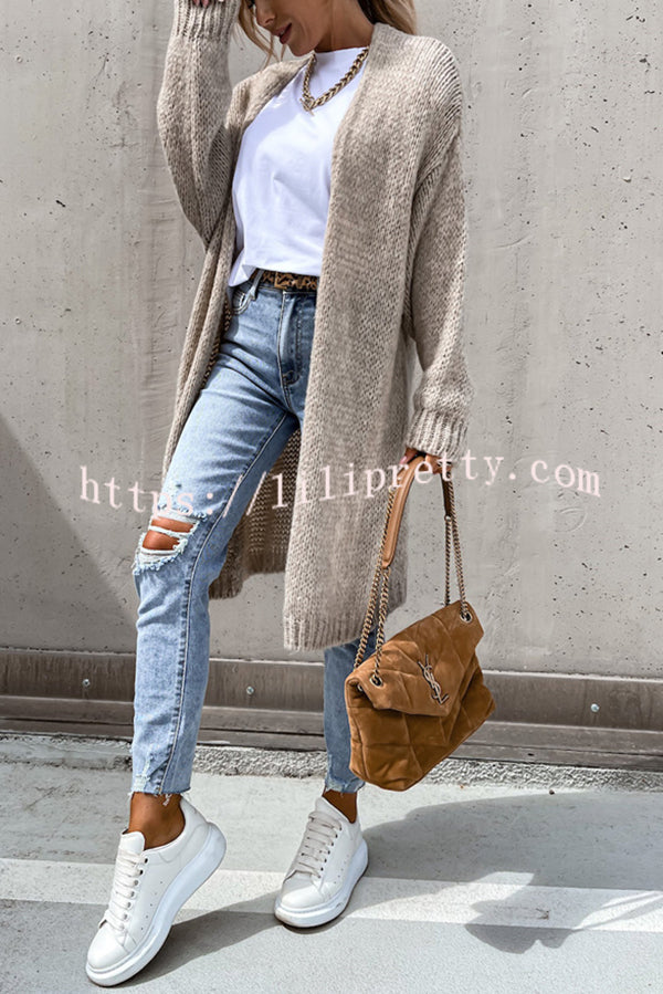 Solid Color V-neck Knitted Long-sleeved Oversized Midi Cardigan