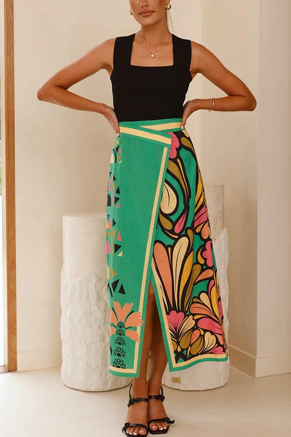 Plant Print Sexy Slit Casual Holiday Midi Skirt