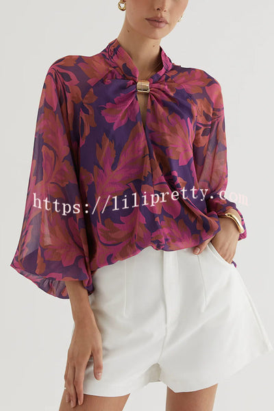 Essentials Printed Gold Cutout Collar Balloon Sleeve Blouse