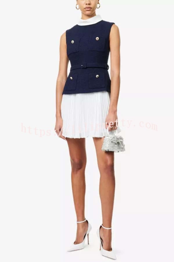 Sporty Elegance Tweed Metal Button Belted Pleated Hem Mini Dress