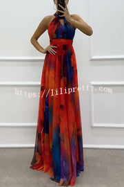 Elaine Tulle Floral Splash Print Cutout Halter Tie-up Neck Gown Maxi Dress