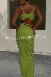Sexy Halter Back Braided Suspender Top and Beach Holiday Style Hip-wrapped Maxi Skirt Set