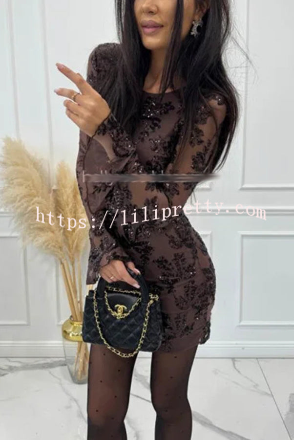 Deep and Dazzling Floral Texture Sequin Long Bell Sleeve Open Back Mini Dress