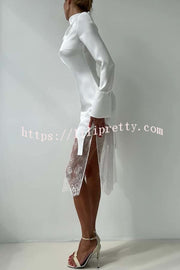 Melissa Satin High Neck Long Sleeve Curved Hem Top and Lace Midi Skirt Set
