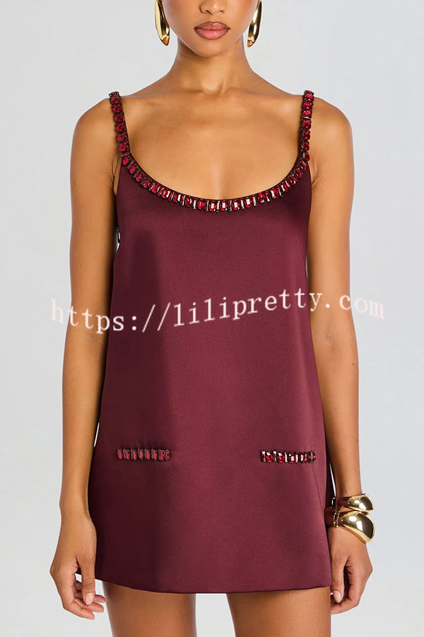 Taste Red Wine Satin Gemstone Trim Round Neck Slip H-line Mini Dress