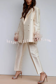 Chic Affair Satin Feather Trim Lapel Loose Blazer and High Rise Pocket Tapered Pants Set