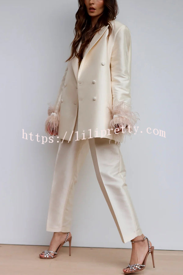 Chic Affair Satin Feather Trim Lapel Loose Blazer and High Rise Pocket Tapered Pants Set