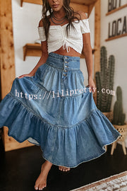 Bohemian High Rise Button Up Loose Denim Pocket Maxi Skirt