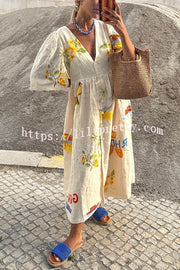 Lilipretty® Cozy Summer Linen Blend Unique Print Button Puff Sleeve Loose Midi Dress